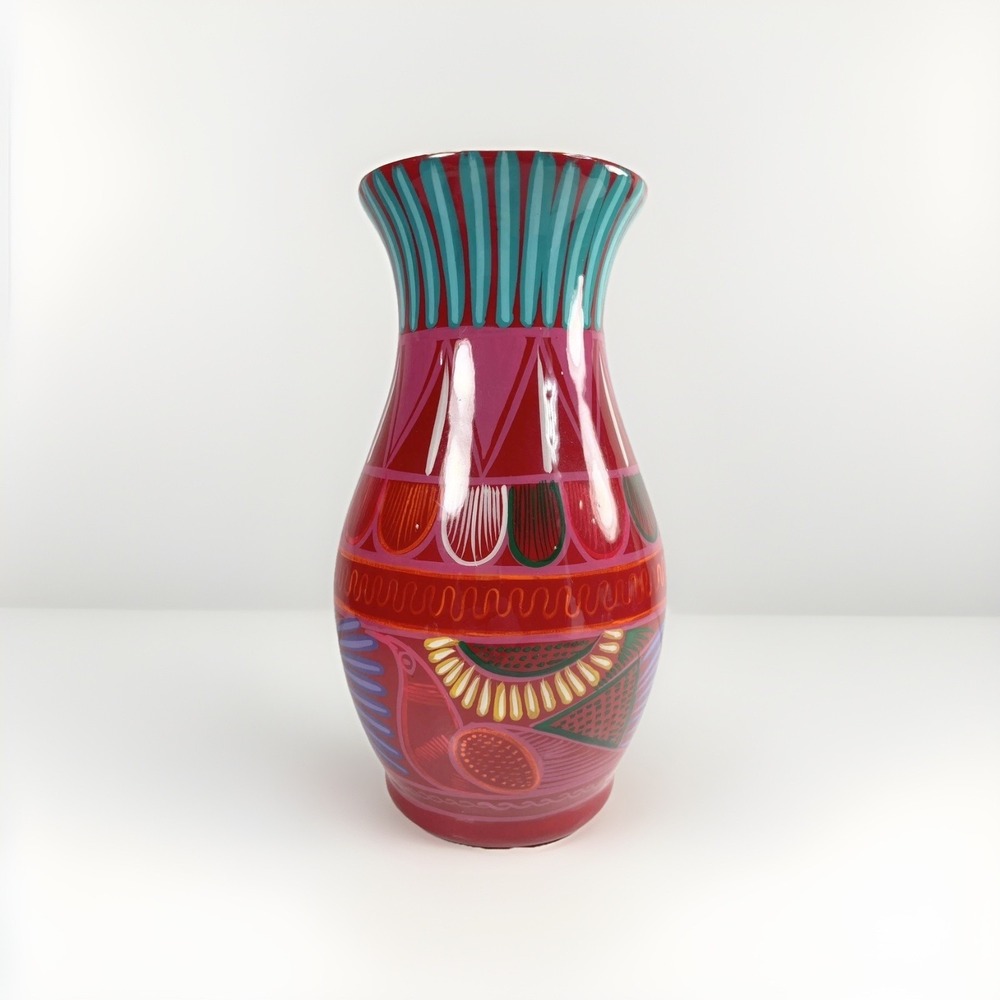 mexican‎ pottery Colorful Bird Vase Red 8" Tall Classic Shape Bright Colors